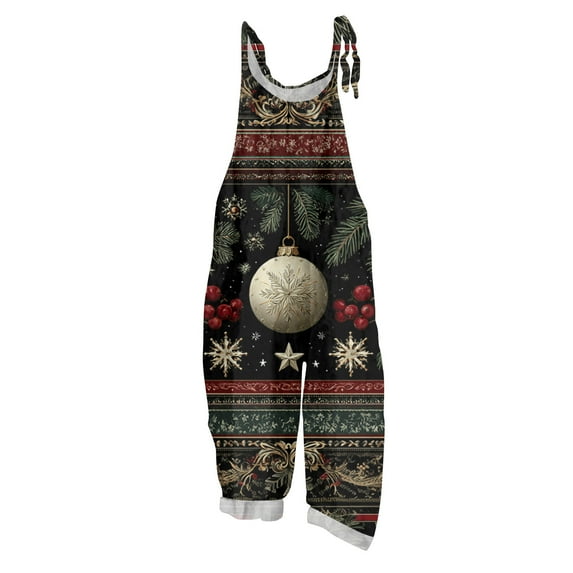 Women's Vintage Cotton Linen Overalls with Christmas Print - Casual Loose Jumpsuit with Shoulder Straps & Pockets, Dark Green, Size XXL