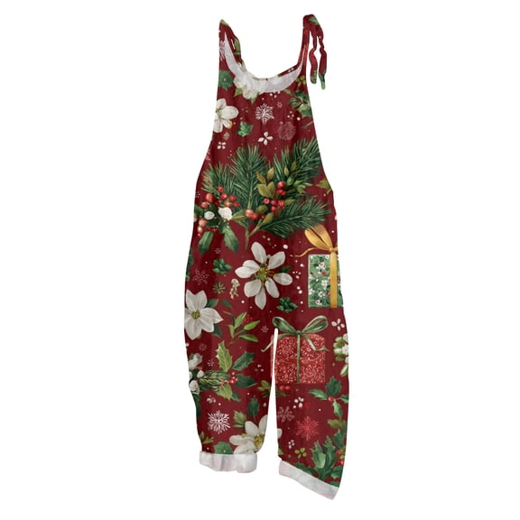 Women's Vintage Cotton Linen Overalls with Christmas Print - Casual Loose Jumpsuit with Shoulder Straps & Pockets, Dark Red, Size S
