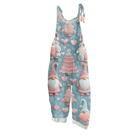 Women's Vintage Cotton Linen Overalls with Christmas Print - Casual Loose Jumpsuit with Shoulder Straps & Pockets, Light Blue, Size L
