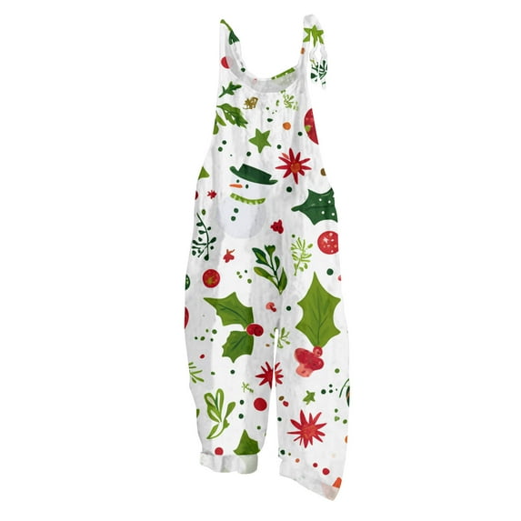 Women's Vintage Cotton Linen Overalls with Christmas Print - Casual Loose Jumpsuit with Shoulder Straps & Pockets, Light Green, Size M