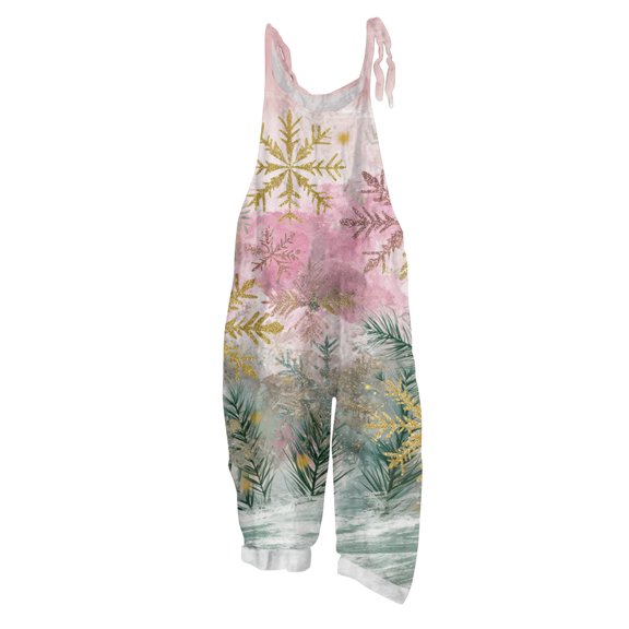 Women's Vintage Cotton Linen Overalls with Christmas Print - Casual Loose Jumpsuit with Shoulder Straps & Pockets, Light Pink, Size XL