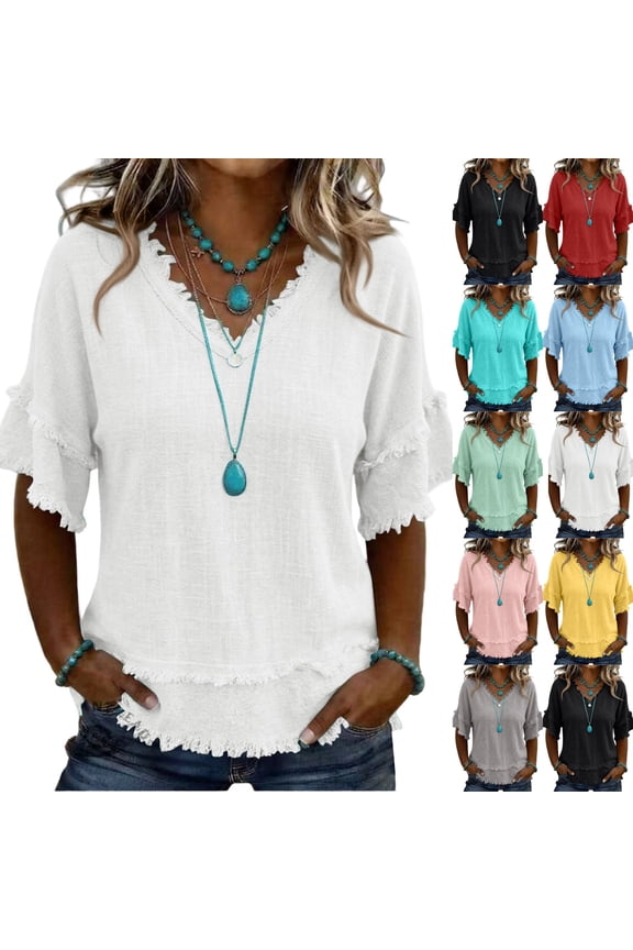 Women's Vintage Cotton Linen Tops, V Neck Short Sleeve Fringe Tassel Blouses, Boho Raw Edge Irregular Gauze Shirts for Beach Vacation Casual,S,White