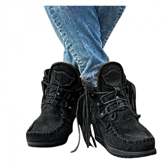 Women's Vintage Cowboy Fringed Ankle Boots Lightweight Comfy Faux Suede High Top Round Toe Short Booties