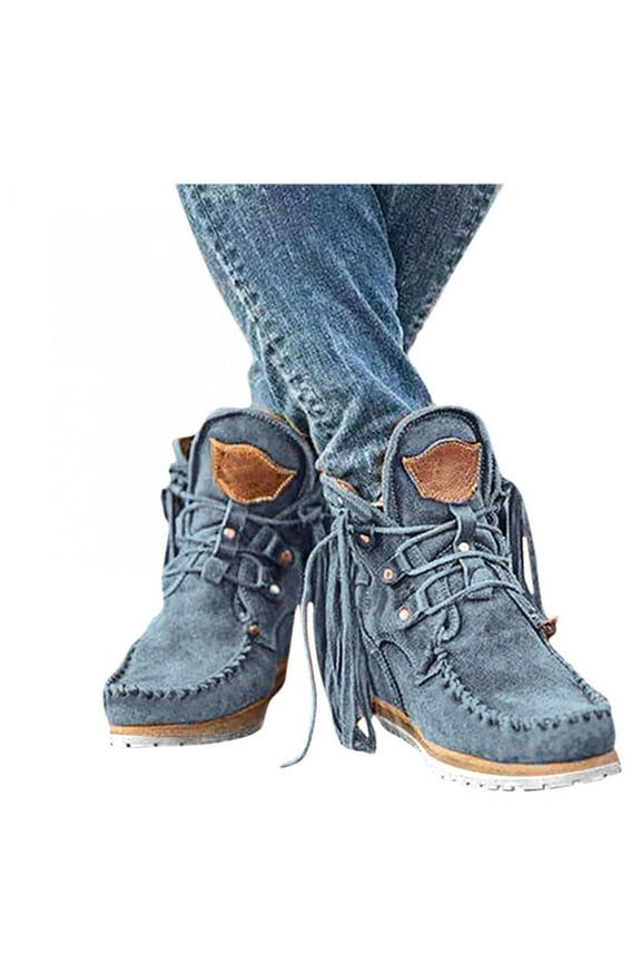 Women's Vintage Cowboy Fringed Ankle Boots Lightweight Comfy Faux Suede High Top Round Toe Short Booties