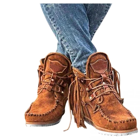 Women's Vintage Cowboy Fringed Ankle Boots Lightweight Comfy Faux Suede High Top Round Toe Short Booties