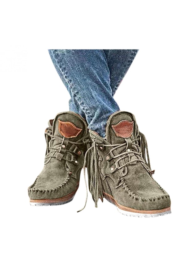 Women's Vintage Cowboy Fringed Ankle Boots Lightweight Comfy Faux Suede High Top Round Toe Short Booties