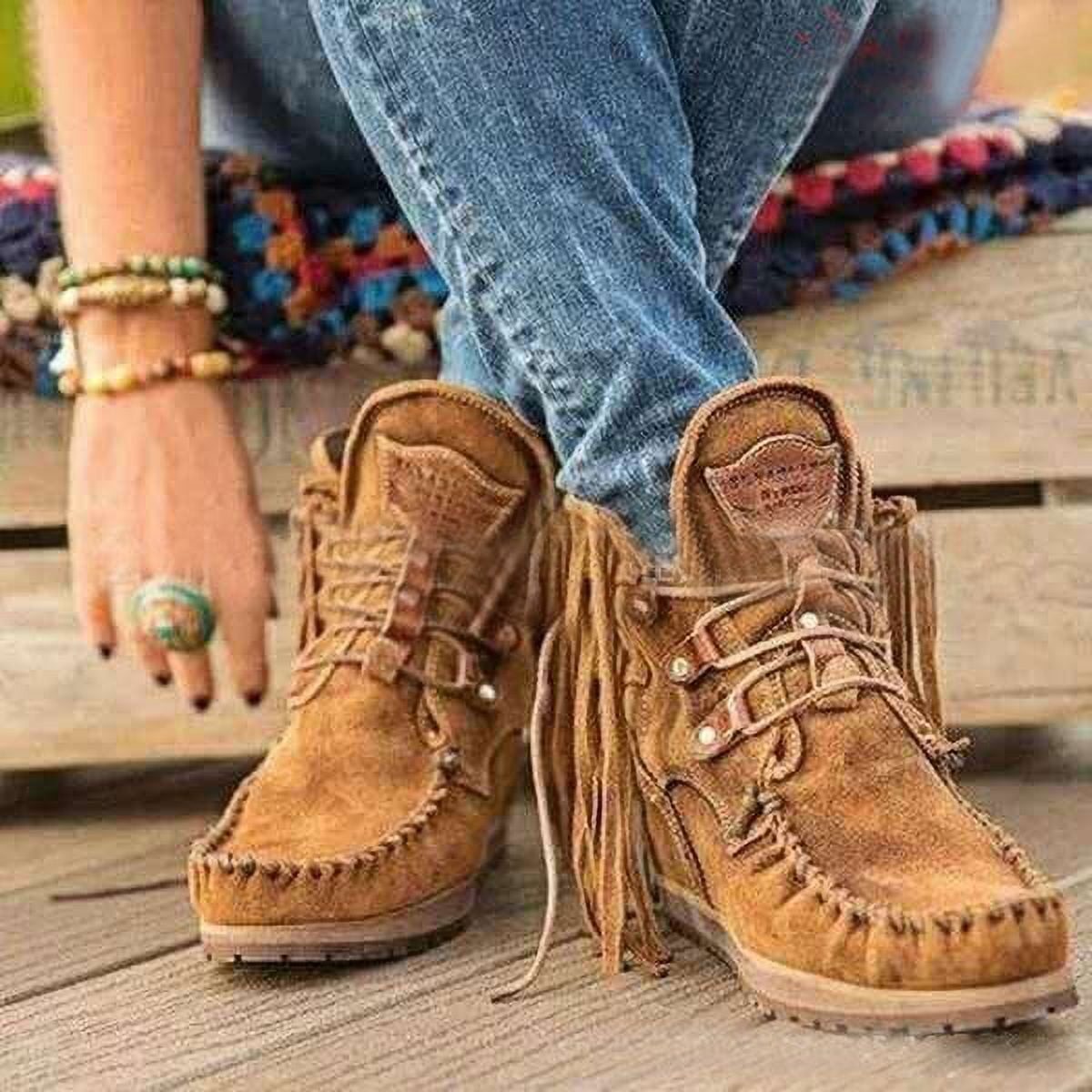 Women's Vintage Cowboy Fringed Ankle Boots, Lightweight Comfy Suede
