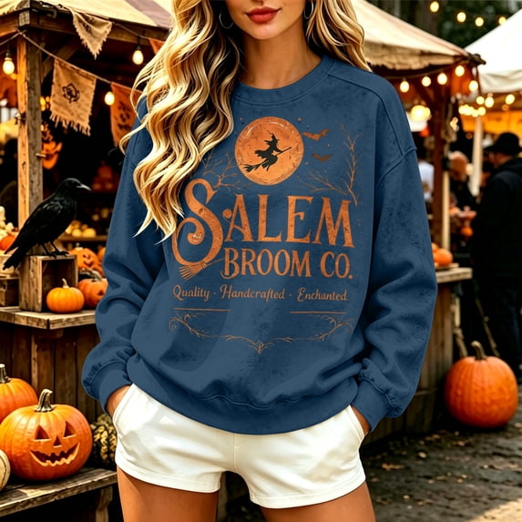 Women's Vintage Crew Neck Sweatshirt Long Sleeve Halloween Witch Themed Pullover Relaxed Casual Fall Tops Blue XL