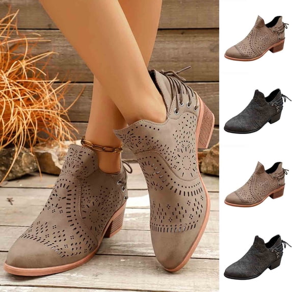 Women's Vintage Cutout Ankle Boots Back Lace up Medium Block Heel Retro Booties Fashion Casual Short Boots for Women Khaki 9(42)