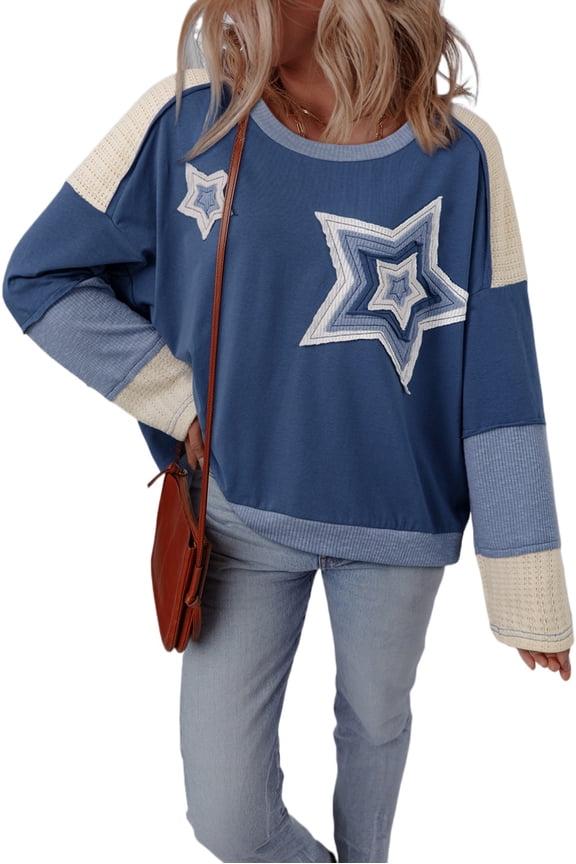 Women's Vintage Dark Blue Colorblock Oversized Long Sleeve Top with Star Patchwork - [ZhiHiMeRi] | XL