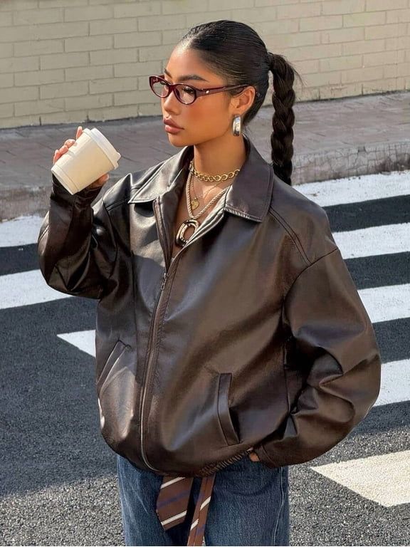 Women's Vintage Dark Brown PU Leather Bomber Jacket, Loose Fit Collared Zip Outerwear for Trendy Daily Autumn Outfits