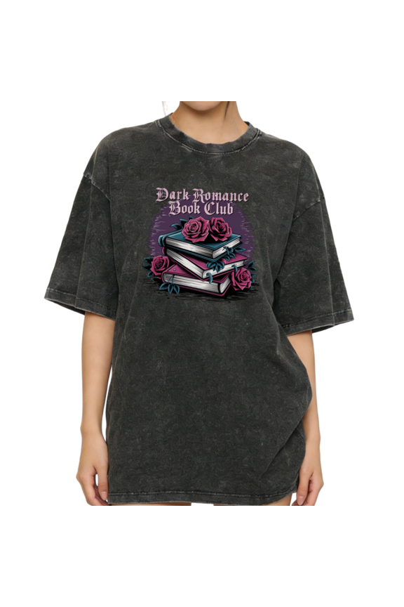 Women's Vintage "Dark Romance Book Club" Books & Roses Graphic Comfortable Washed T Shirt Black S-2XL Plus Size