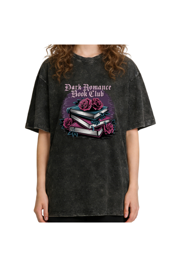 Women's Vintage "Dark Romance Book Club" Books & Roses Graphic Comfortable Washed T Shirt Black S-2XL Plus Size