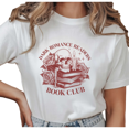 thumbnail image 1 of Women's Vintage "Dark Romance Readers Book Club" Skull Books Graphic Comfortable T Shirt Short Sleeve Round Neck Top White S-5XL, 1 of 5