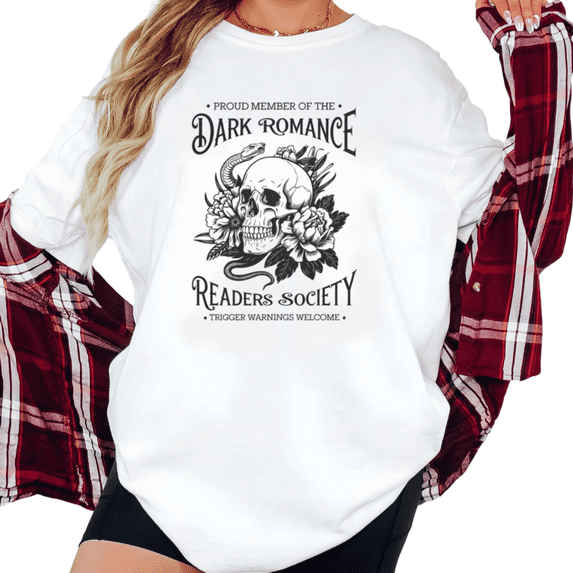 Women's Vintage "Dark Romance Readers Society" Skull Peony Graphic Breathable T Shirt Short Sleeve Round Neck Top White S-5XL