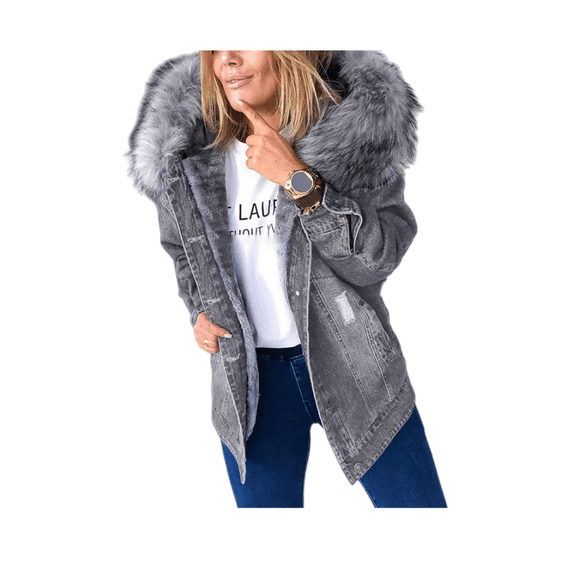 Women’s Vintage Denim Coat with Large Faux Fur Collar, Warm Mid-Length Winter Jacket, Retro Thickened Casual Outerwear, Cozy Long Denim Overcoat for Cold Weather