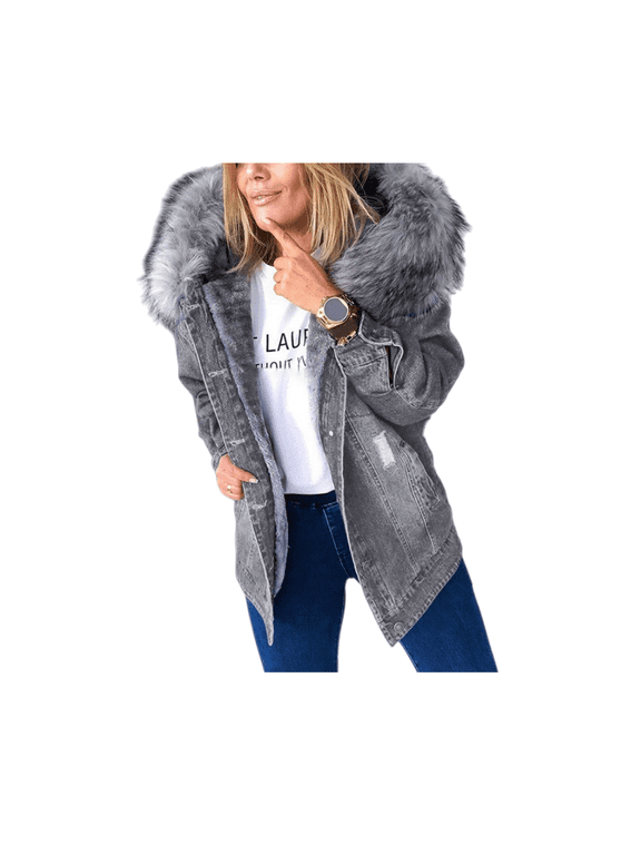 Women’s Vintage Denim Coat with Large Faux Fur Collar, Warm Mid-Length Winter Jacket, Retro Thickened Casual Outerwear, Cozy Long Denim Overcoat for Cold Weather