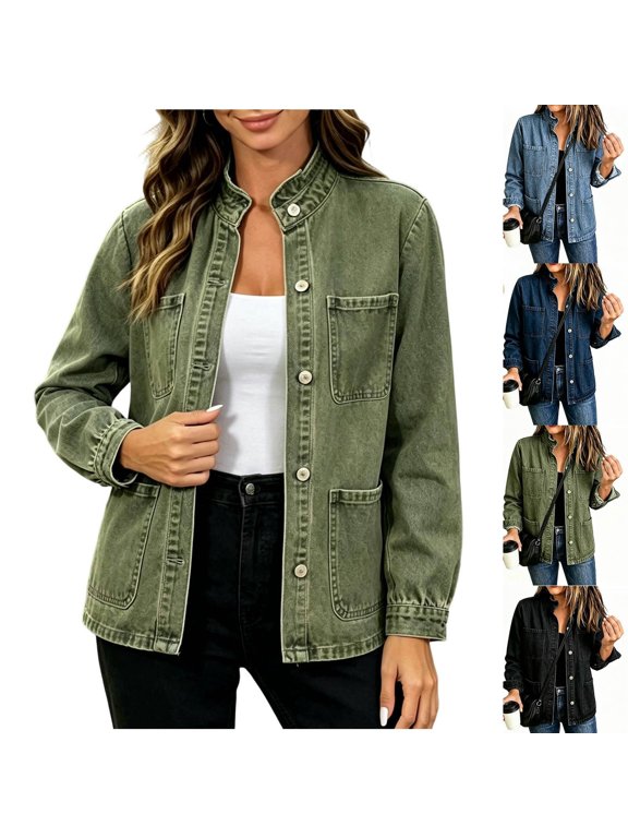 Women's Vintage Denim Jacket Button Down Stand Collar Long Sleeve Loose Fit Casual Jean Coat with Pockets Y2K Streetwear Fall Outerwear Dark Blue