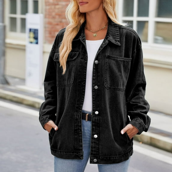 Women's Vintage Denim Jacket Lightweight Washed Blue Jean Coat Distressed Long Sleeve Oversized Jacket Women Lined Jacket Women Stretch Denim Vest Junior Jackets Denim Jacket with Pockets Women's Jean