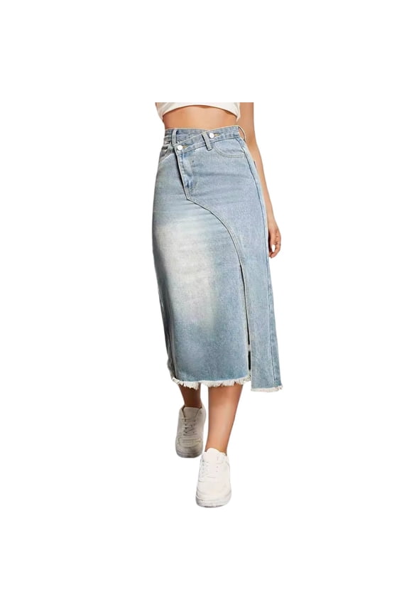 Women's Vintage Denim Midi Skirt, Split Patchwork A Line Jean Skirt