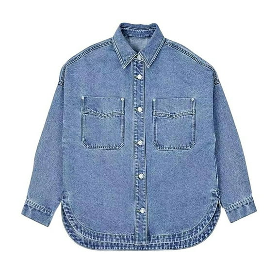 Women's Vintage Denim Overshirt - Lapel Long Sleeve Asymmetric Hem Shirt Jacket, Retro Loose Single Breasted Outerwear with Pockets (Spring/Autumn)