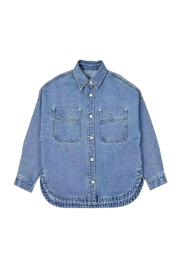 Women's Vintage Denim Overshirt - Lapel Long Sleeve Asymmetric Hem Shirt Jacket, Retro Loose Single Breasted Outerwear with Pockets (Spring/Autumn)