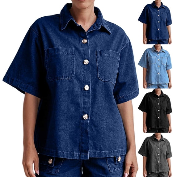 Women's Vintage Denim Shirt, Short Sleeve Button Down Shirt with Chest Pockets, Relaxed Fit Casual Jean Top, Summer Denim Shacket and Oversized Jean Shirt-Black
