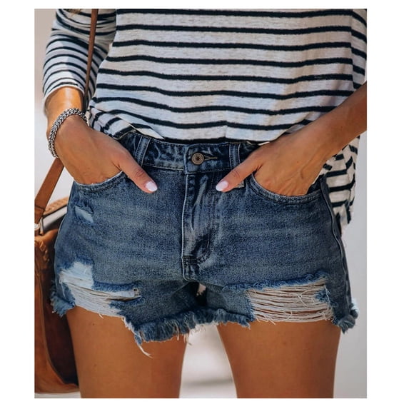 Women's Vintage Denim Shorts Mid Waisted Tassel Holes Frayed Hem Jean Shorts Casual Summer Hot Pants Blue XL