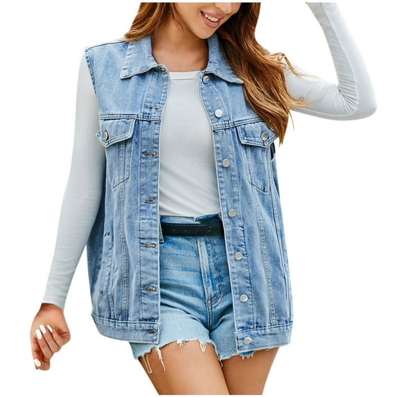 Women's Vintage Denim Vest Oversized Casual Classic Sleeveless Button Denim Jacket Waistcoat with Pockets