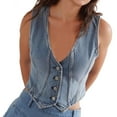 thumbnail image 1 of Women’s Vintage Denim Vest Sleeveless Button Down V Neck Jean Waistcoat Fashionable Casual Fitted Top for Layering, 1 of 3