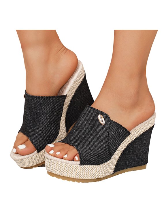 Women's Vintage Denim Wedge Slide Open Toe Platform Sandals Espadrille Lightweight Non Slip Dress Mules Black Size 8