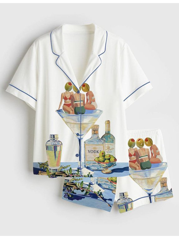 Womenâs Vintage Dirty Martini Satin Pajama Set, Retro Cocktail Print Sleepwear, Cute Lounge PJs Gift for Her