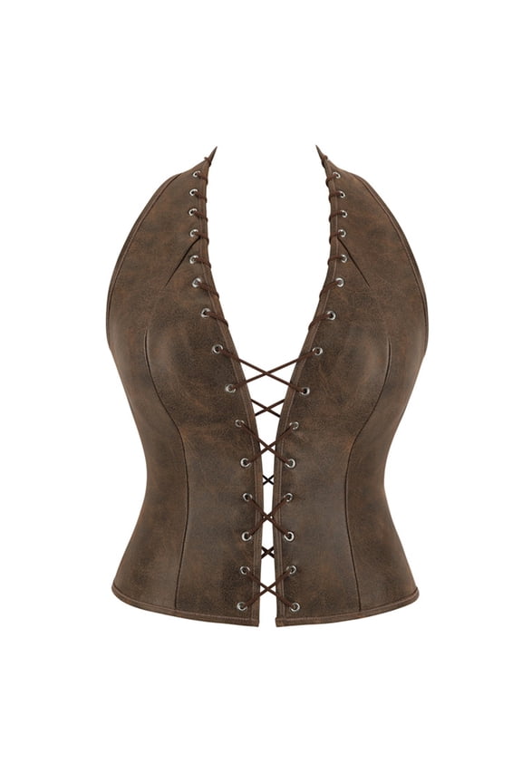 Women's Vintage Distressed Faux Leather Halter Lace Up Front Underbust Corset Hourglass Waist Cincher Shaping Bodice for Gothic Cosplay Party