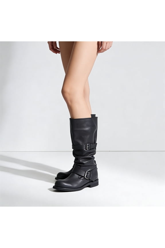 Women's Vintage Distressed Slouchy Boots, Knee-High Faux Leather Belt Buckle Casual Boots