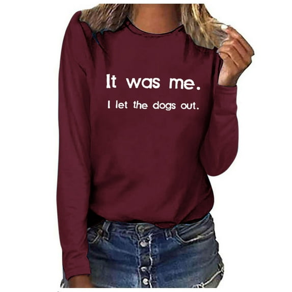 Women's Vintage Dog Lover Pullover It was Me Funny Letter Print Sweatshirts Long Sleeve Loose Fit Flowy Tunic Tops Fashion Summer Clothes Round Neck Blouse Dressy Casual Tops Wine T Shirts S