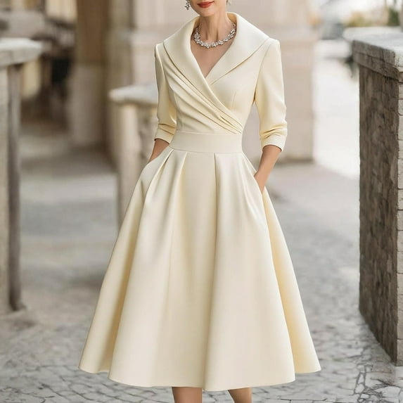 Women's Vintage Dress Fall Fit and Flare 3/4 Sleeve Elegant Cocktail Party Formal Church Dresses 2025 Beige L