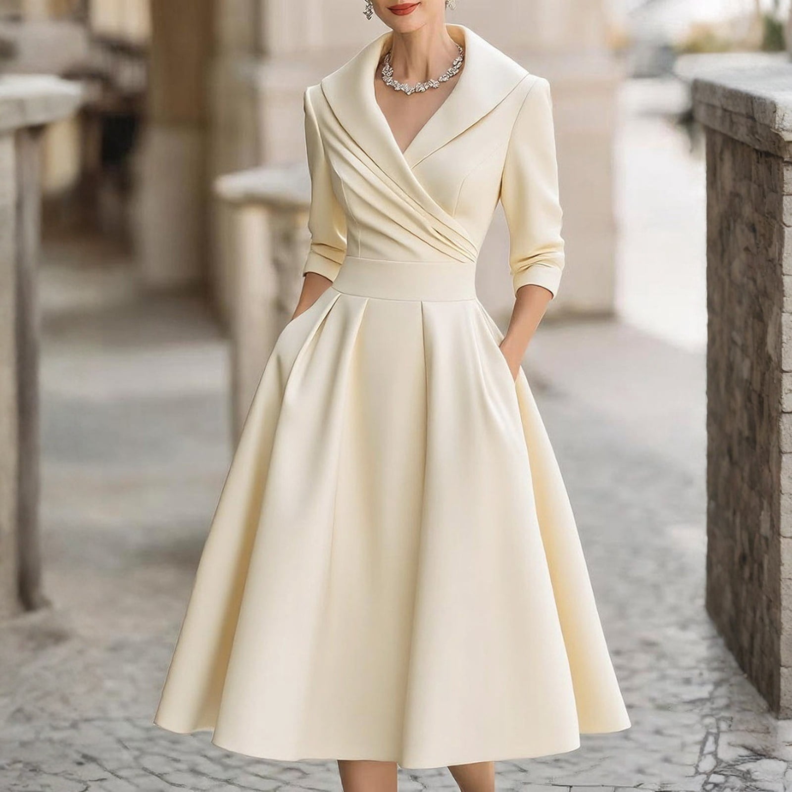 fit and flare church dress Women's Vintage Dress Fall Fit and Flare 3/4 Sleeve Elegant Cocktail Party  Formal Church Dresses 2025 Beige M
