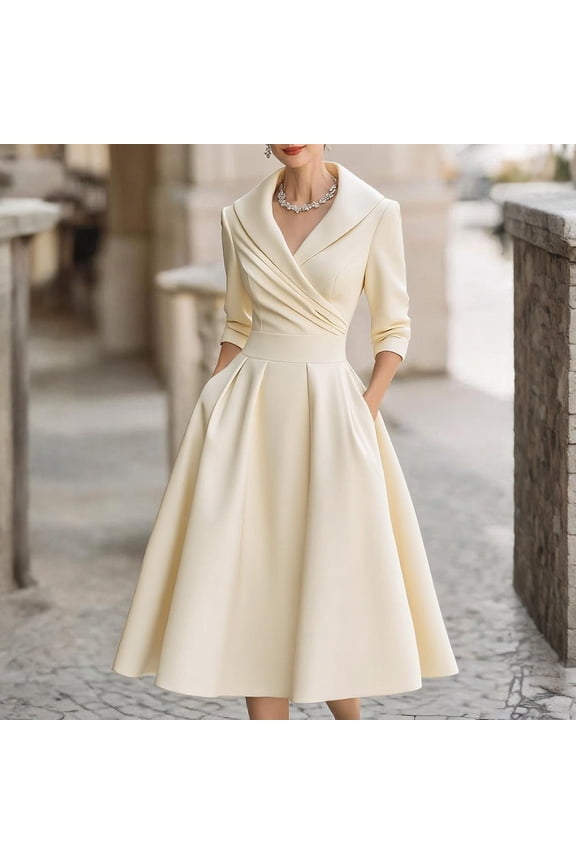 Women's Vintage Dress Fall Fit and Flare 3/4 Sleeve Elegant Cocktail Party Formal Church Dresses 2025 Beige M