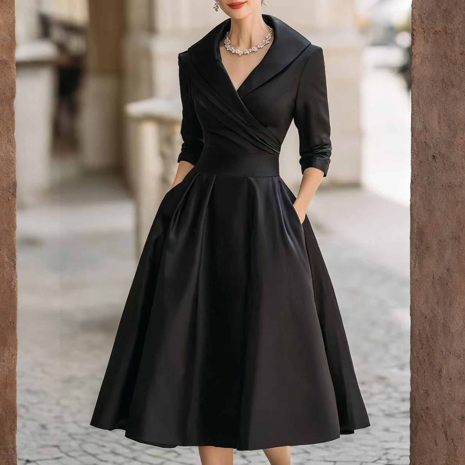 black 3 4 sleeve fit and flare dress Women's Vintage Dress Fall Fit and Flare 3/4 Sleeve Elegant Cocktail Party  Formal Church Dresses 2025 Black XL