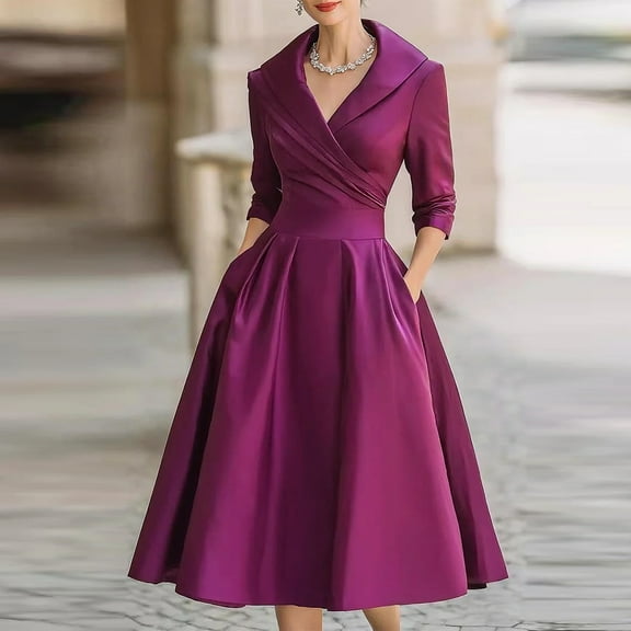 Women's Vintage Dress Fall Fit and Flare 3/4 Sleeve Elegant Cocktail Party Formal Church Dresses 2025 Purple M