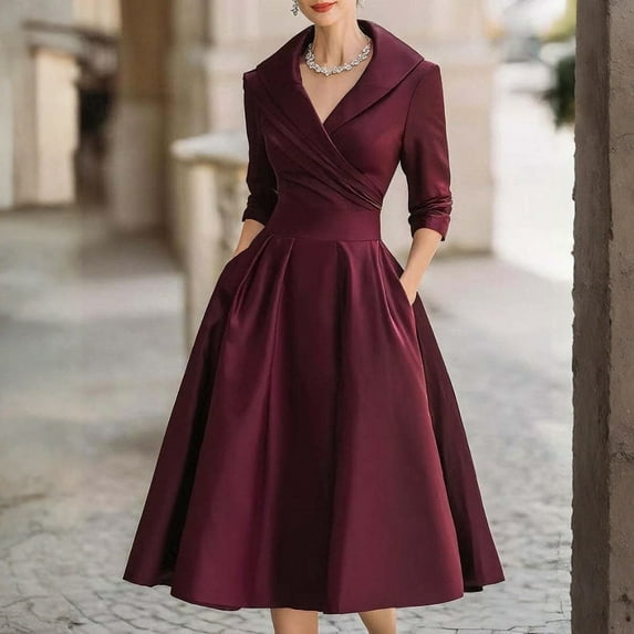 Women's Vintage Dress Fall Fit and Flare 3/4 Sleeve Elegant Cocktail Party Formal Church Dresses 2025 Wine 2XL