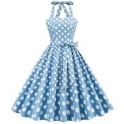BLVB Women's Vintage Dress Polka Dots Halter Neck Lace-Up Summer Sleeveless 1950s Retro Cocktail Party Swing Midi Dresses (Small, Light blue)