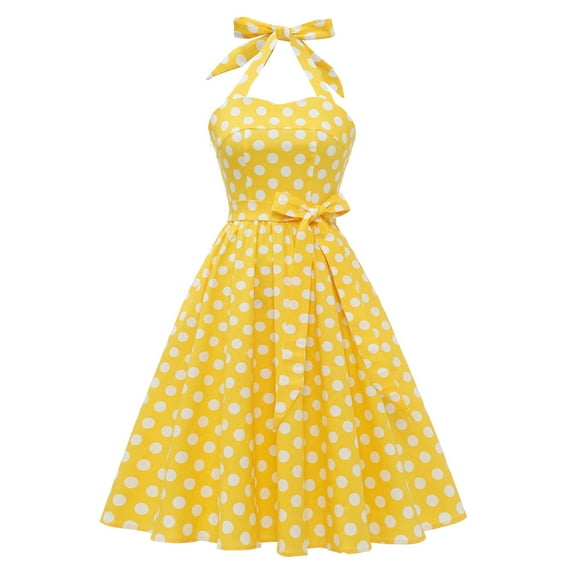 Women's Vintage Dress Polka Dots Halter Neck Lace-Up Summer Sleeveless 1950s Retro Cocktail Party Swing Midi Dresses (Medium, Yellow)