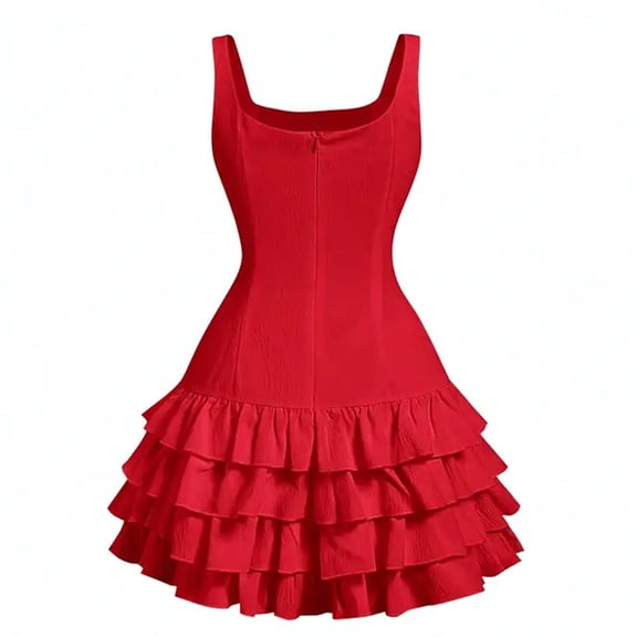 Women's Vintage Dress Smocked Straps Sleeveless Square Neck Solid Tiered Ruffle Dress Red M