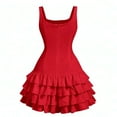 thumbnail image 1 of Women's Vintage Dress Smocked Straps Sleeveless Square Neck Solid Tiered Ruffle Dress Red XL, 1 of 5
