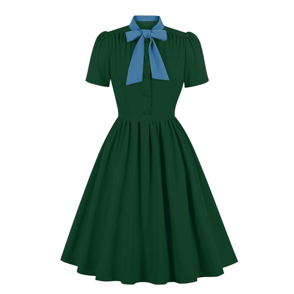 Women's Vintage Dress Solid Color Tie Neck High Waist Shirt Dress Retro 40s 50s 60s Button Up MIdi Dresses Halloween Costume A-Line Business Work Dress Tea Party Dresses