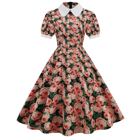 Women's Vintage Dresses, 1950s Retro Fit and Flare Party Dress, 20s 30s Short Sleeve Cocktail Swing Dresses