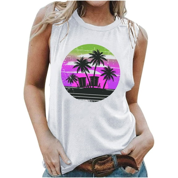 Women's Vintage Elegant Going out Blouse Fashion Retro Sunset Graphic Tank Tops Summer Clothes for Teen Girls Y2K Tops Dressy Casual Crew Neck Sleeveless Tunic Tops Loose Fit Flowy White T Shirts XXL
