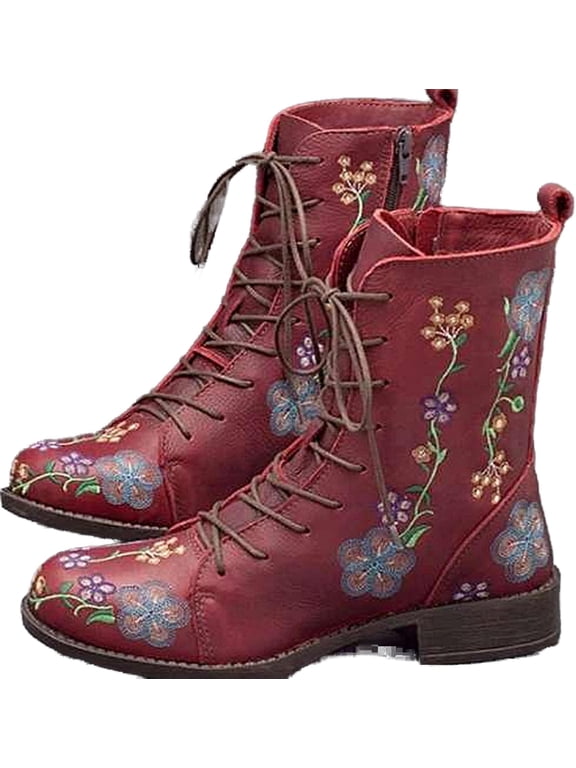 Women's Vintage Embroidered Ankle Boots - Retro Chunky Heel Booties with Side Zip