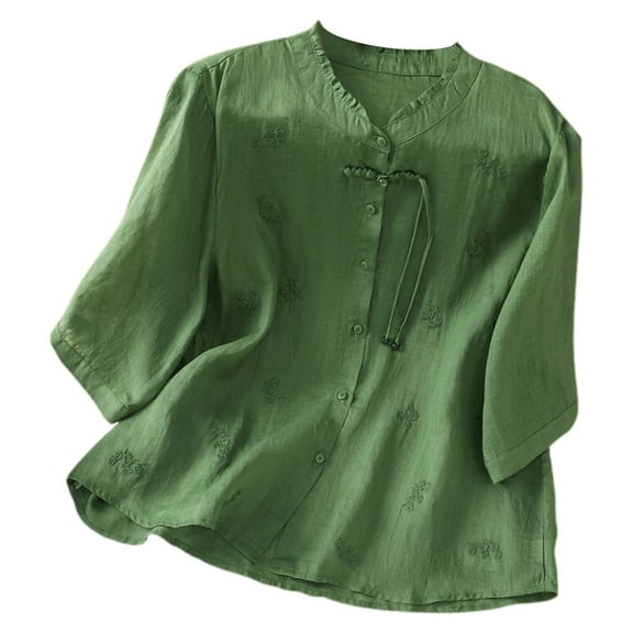 Women's Vintage Embroidered Linen T Shirt Loose Fit Stand Collar Casual Daily Wear